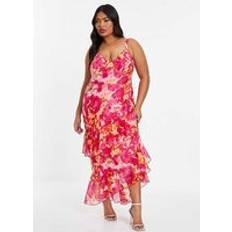 Quiz Curve Pink & Orange Smudge Midaxi Frill Dress