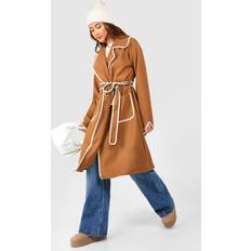 Beige - Wool Coats boohoo Womens Contrast Blanket Stitch Detail Belted Wool Look Coat - Beige
