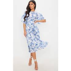 PrettyLittleThing Pastel Blue Floral Print Open Back Pleated Midi Dress, Pastel Blue