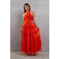 Warehouse Tulle Halter Shirred Waist Tier Maxi Dress Orange