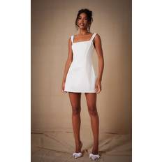 White Dresses PrettyLittleThing Premium White Woven Square Neck Lace Back Corset Dress, White
