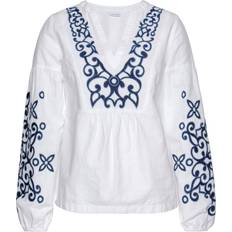 Wrap-Around Blouses Lascana Embroidered V-Neck Long Sleeve Blouse Blue Print