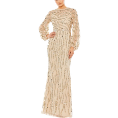 Embellished High Neck Puff Sleeve Trumpet Gown - Nude Gold