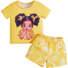 Shein Baby Girls' Cute Casual Cartoon Print Short Sleeve Top And Floral Shorts Set