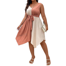 Shein Privé Plus Two Tone Asymmetrical Hem Belted Dress