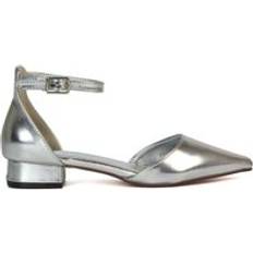 XY London 'Jenny' Low Heel Flat Pointed Toe Ankle Strap Court Shoes Metallic Silver