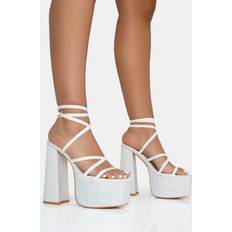 Public Desire 40 ½ Pumps Public Desire Suki Ecru Linen Strappy Platform Square Toe Block Heels neutral