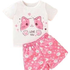 Shein Baby Girls Cute & Comfortable Cat Printed Short Sleeve T-shirt & Shorts Set