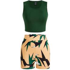 Beige - Set Jumpsuits & Overaller Shein Slayr Women Green Tight-Fitting Short-Sleeved Vest And Geometric Print Tight Shorts Set For Vacation