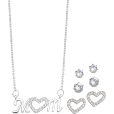 Jewelry Sets Macy's Silver Plated Cubic Zirconia Pave Mom Heart Necklace with Three Piece Earring Set Clear