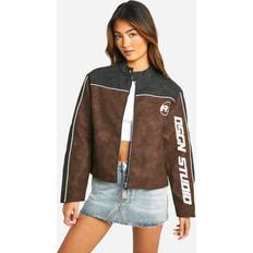 Boohoo Jackets boohoo Womens Embroidered Fitted Vintage Look Faux Leather Moto Jacket Brown