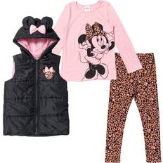 Disney Black Other Sets Disney Minnie Mouse Big Girls Zip Up Vest Puffer Long Sleeve Graphic T-Shirt and Leggings Piece Outfit Set Black