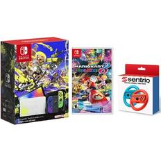 Nintendo Switch OLED Splatoon 3 Edition + Mario Kart 8 Deluxe + Sentriq Racing Wheel Two Pack Joy Con