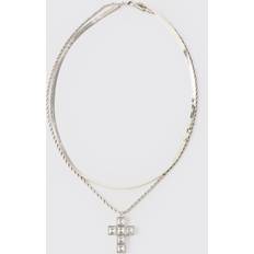 Blau - Herren Halsketten boohooMAN Iced Cross Pendant Double Chain Necklace - Silver