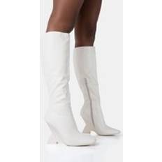 6.5 - White High Boots Public Desire Vanessa Ecru PU Inverted Wedge Square Toe Heeled Knee High Boots white