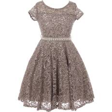 Silver Dresses Children's Clothing BNY Corner Big Girl Cap Sleeve Floral Lace Glitter Pearl Holiday Party Flower Girl Dress Silver JKS 2102