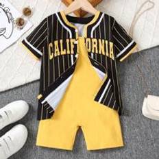 Yellow Other Sets Children's Clothing Shein Young Girl Letter Printed Striped Short Sleeve Shirt And Strap Overall Shorts Set Yellow 6Y,7Y,4Y,5Y