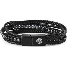 Lucléon Bracelet Naxos Cuir Noir Pierre Obsidienne Flocon Neige