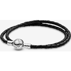 Pandora Leather Bracelets Pandora Moments doppeltes schwarzes Lederarmband mit Kugelverschluss aus Sterling Silber, Kompatibel Moments, Größe: 44cm, 590745CBK-D4