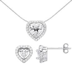 Rhodium Jewellery Sets Jewelco London Silver love heart halo earrings necklace set