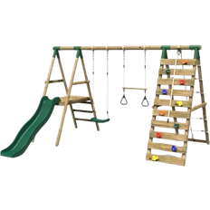 Wooden Swing Set with Deck Slide & Climbing Wall