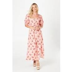 Knee Length Dresses - Pink Dorothy Perkins Pink Floral Puff Sleeve Ruched Font Midi Dress