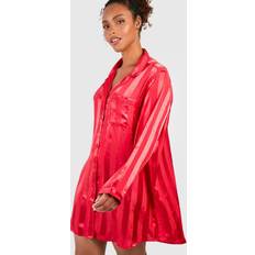 Red Nightgowns boohoo Womens Plus Premium Satin Stripe Long Sleeve Nightgown Red