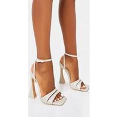 Public Desire 40 ½ Pumps Public Desire Saintly Ecru Croc Wrap Around the Ankle Barley There Square Toe Flared Block High Heels neutral