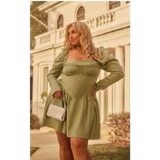 PrettyLittleThing Plus Sage Green Satin Corset Detail Puffball Shift Dress, Sage Green