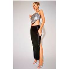 Adult - Solid Colours Skirts PrettyLittleThing Black Stretch Satin Split Side Midaxi Skirt, Black