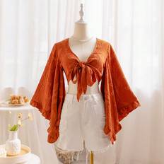 Shein Blouses Shein Womens Brown Willow Texture VNeck TieFront Blouse With Flared Sleeves And Ruffled Cuffs Suitable For Vacation And Music Festivals