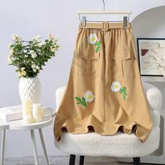 Zipper Skirts Children's Clothing Shein Teen Girls Casual And Comfortable ALine Skirt With Embroidery And Accordion Pockets Knee Length With Belt Versatile For Daily Commute And Outings