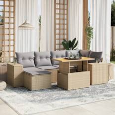 vidaXL Matgrupp För Trädgården Med Dynor 7 Delar Beige Konstrotting Loungeset