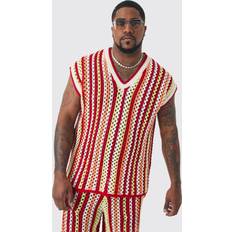 Men - Rayon Tank Tops boohooMAN Mens Plus Oversized Open Stitch Crochet Knitted Tank Red