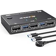 Kceve YOUTINGHDAV USB 3.0 KVM Switch Displayport 4K@144 Hz, KVM-switch 2 PC 1 monitor 8K@30 Hz, DP KVM-omkopplare 2 i 1 ut för 2 PC-delar 4 USB 3.0-enheter tangentbord mus monitor med trådlös fjärrkontroll
