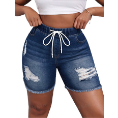 Shein Women Shorts Shein Sxy Plus Size Distressed Drawstring Denim Shorts Suitable For Daily Wear