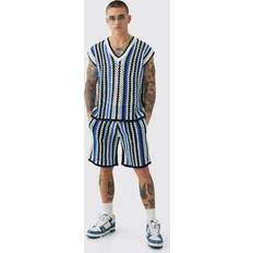 Herren - Weiß Schlafanzüge boohooMAN Oversized Open Stitch V Neck Vest And Short Set - White