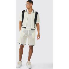 Mies - Valkoinen Pyjamat boohooMAN Oversized Boxy Open Stitch Zip Through Shirt & Short Set - White