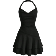 Shein MOD Draped Collar Solid Ruched Layered Ruffle Hem Halter Neck Black Mini Dress