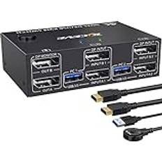 USB 3.0 DP KVM-switch 2 PC 2 bildskärmar, 4K@144Hz utökad skärm, dubbel skärm KVM-switch Displayport 1.4, KVM-switchar 2 bildskärmar för 4 USB-enheter, mus tangentbord, med 2 USB3.0 och 2 DP kablar