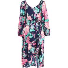 Clothing Quiz Satin Floral Wrap Dip Hem Midi Dress Blue