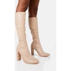Pink High Boots Public Desire Christina Wide Fit Nude Pu Pointed Toe Block Heel Knee High Boots nude