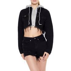 Forever 21 Women Outerwear Forever 21 Women's Distressed Combo Trucker Jacket in Black