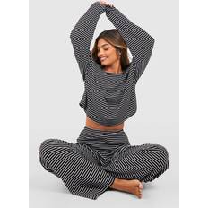 boohoo Loungewear Stripe Long Sleeve Top Trousers Pyjama Set - Black