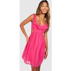 Knee Length Dresses - Pink boohoo Womens Dobby Ruffle Strap Mini Dress Pink