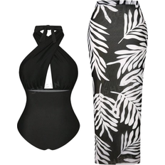 Wireless Jumpsuits & Overalls Shein VCAY Plus Size Solid Color Halter One-Piece Swimsuit With Printed Tie-Waist Swim Skirt 2pcs/Set