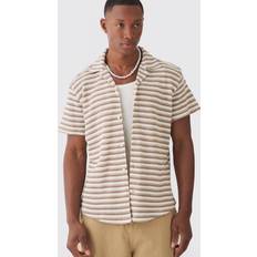 Brown - Men Sleepwear boohooMAN Mens Open Stitch Resort Shirt & Short Set Brown