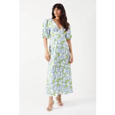 Clothing Warehouse Satin Button Through Volume Sleeve Midi Tea Dress Green