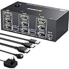Kceve Trippelmonitorer KVM-switch 2 displayport HDMI, 8K@60Hz KVM-omkopplare 4K@144 Hz, USB 3.0 KVM-switch 2 PC 3-bildskärmar, KVM-switch displayport 1.4 HDMI 2.1 för 2 PC-delar mus, tangentbord och 3