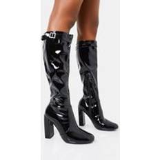 Public Desire First Class Black Buckle Strap Detail Knee High Block Heeled Boots black